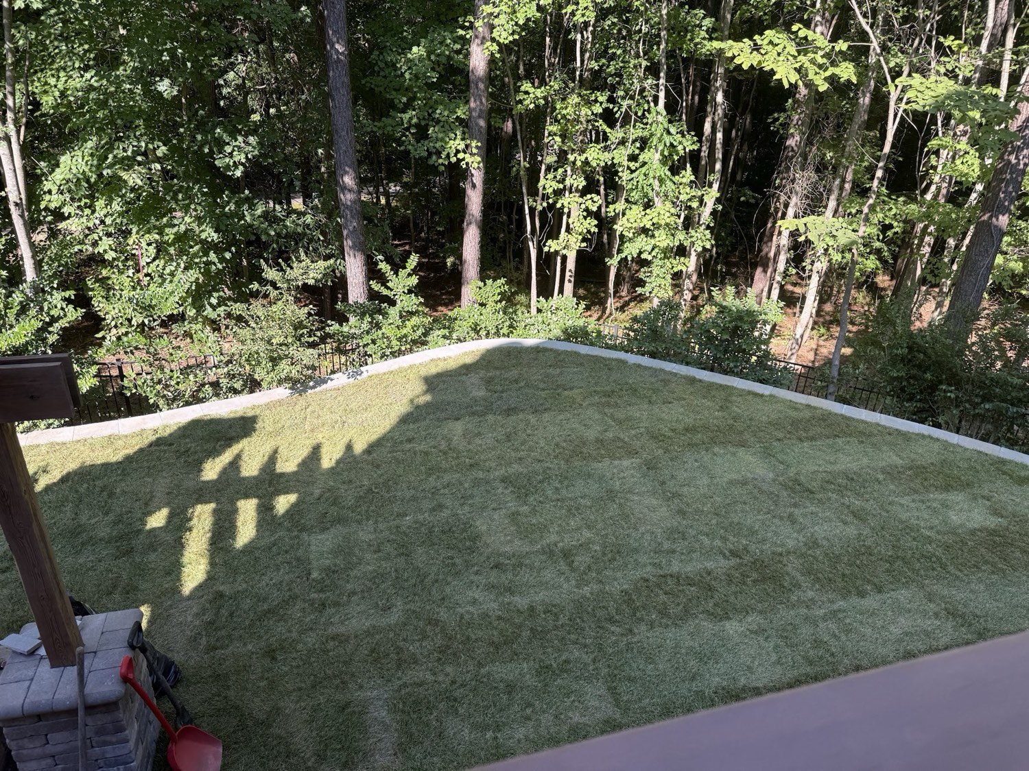 Artificial turf installed level and seam-free against a wooded backdrop.